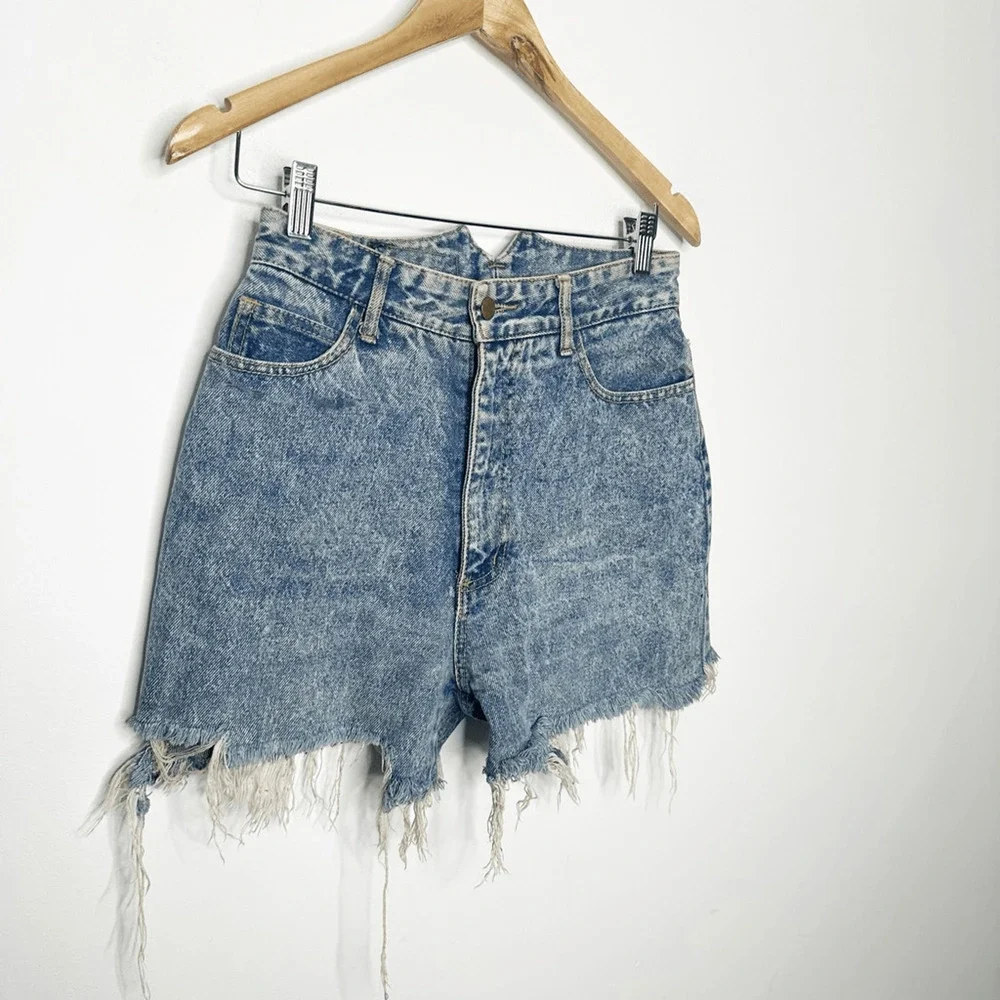 vtg 80s PARIS BLUES acid wash denim shorts distressed hand painted womens 26 11
